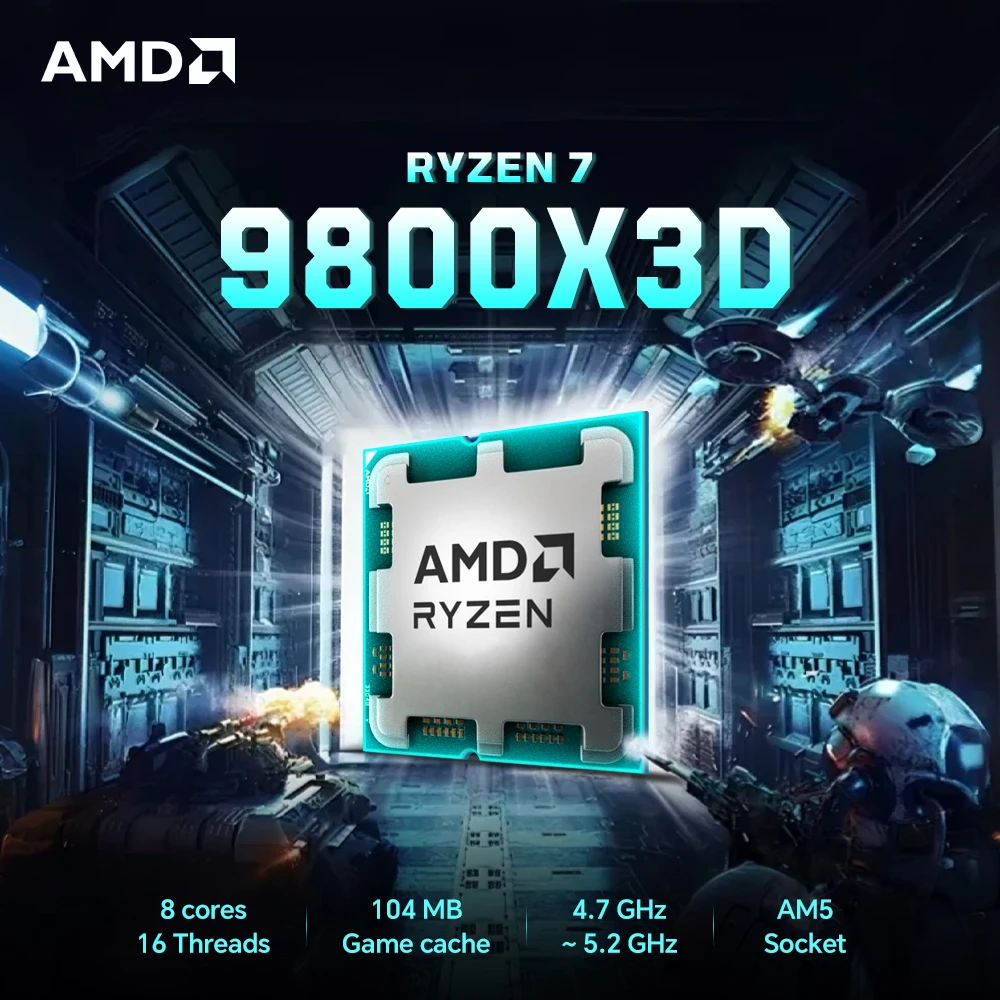 Image of AMD Ryzen 7 9800X3D Bis zu 5,2 GHz Zen 5 65W TDP 8 Kerne 16 Threads 3D V-Cache Hohe Bildrate, Niedrige Latenz Gaming-CPU Ohne Lüfter