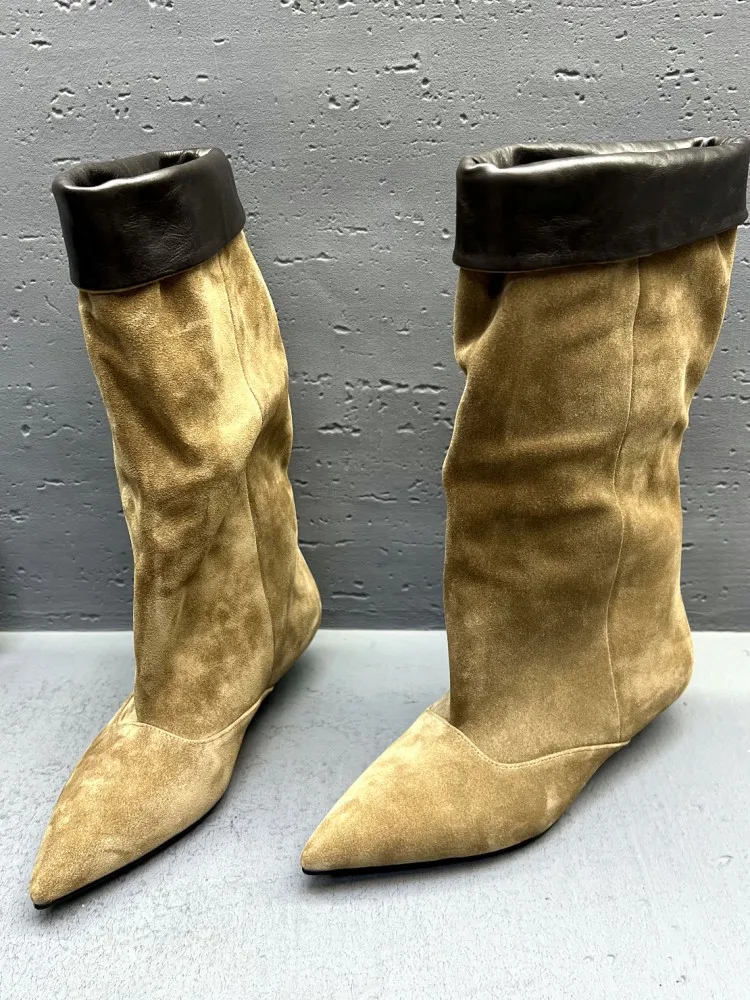 Women Elegant Retro Pointed Toe Low Heels Cow Suede Leather Knee High Boots Lady High Top Winter Knight Boots Biker Riding Shoes