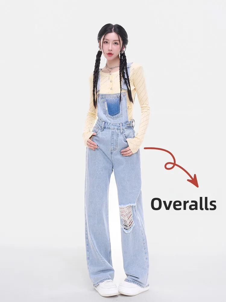 

LADIES FIRST Harlan Workwear Denim Overalls Hole Design Slim Straight Wide Leg Spring Casual High Waist Jeans for Women