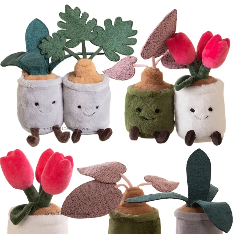 Creativo Tulipano Fiori Pianta in vaso Peluche Farcito Verde Monstera Deliciosa Foglia di verdure Taro Prain Peluche Bambola Decorazioni per la casa