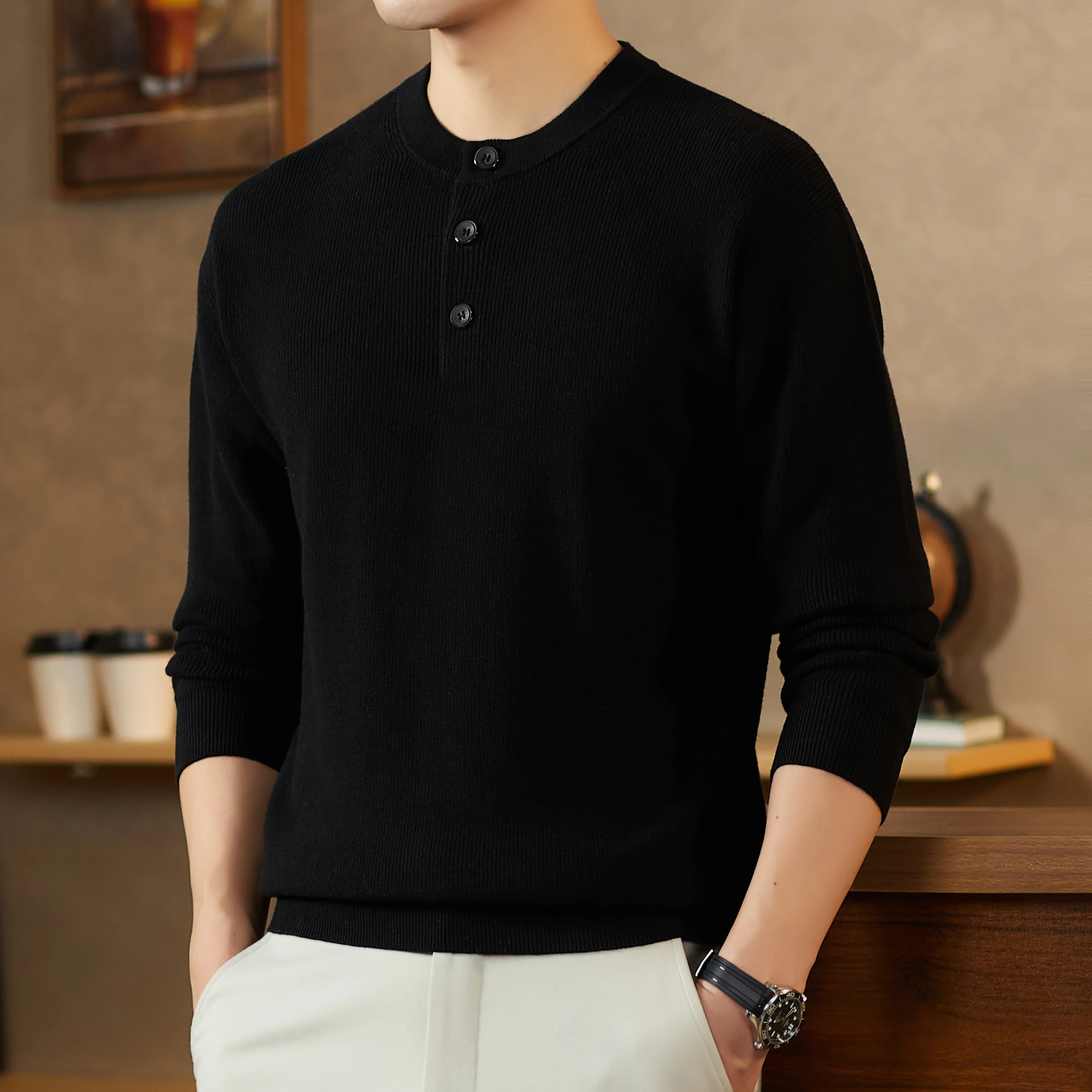 5.8% الماعز الكشمير البلوز 2025 جديد عصري هنري طوق سترة طويلة الأكمام الذكور 94.2% القطن متماسكة الملابس البلوفرات