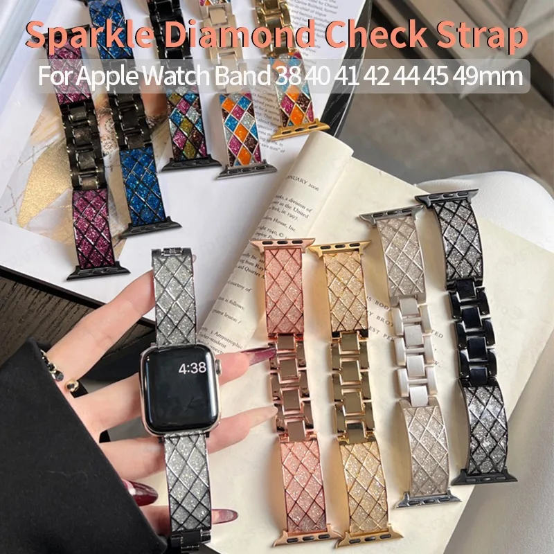 

Sparkling Diamond Check Strap for Apple Watch Band 40mm 44mm 45mm 41 38 49 Women Metal Bracelet for Iwatch Series 9 8 7 SE 6 5 4