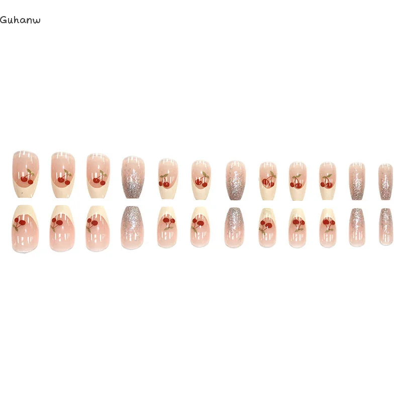 

[YU]24Pcs Fashion French Cherry Glitter False Nails With Jelly Adhesive Detachable Full Cover Press On Artificial Nails