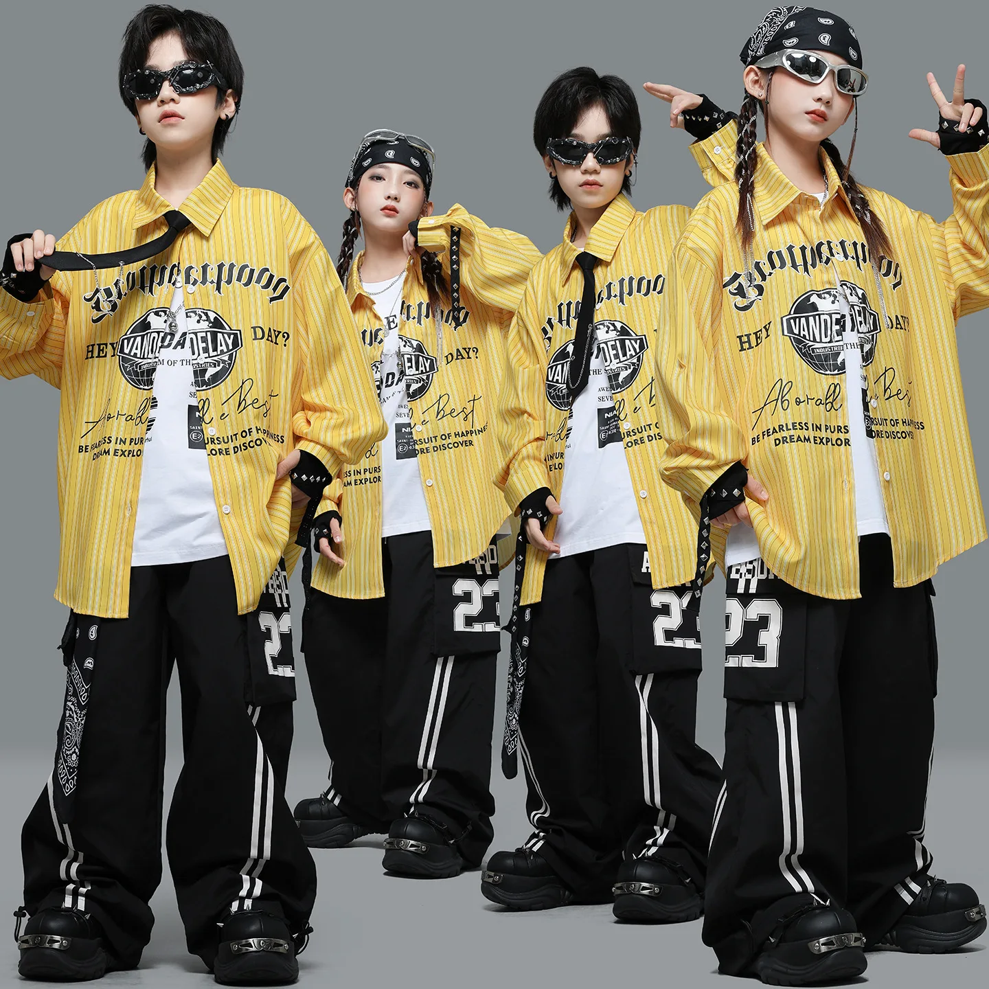 

Детская одежда в стиле хип-хоп Kpop, желтая полосатая рубашка с буквами, черные полосатые брюки-карго для девочек и мальчиков, одежда для уличных танцев, костюмы, одежда