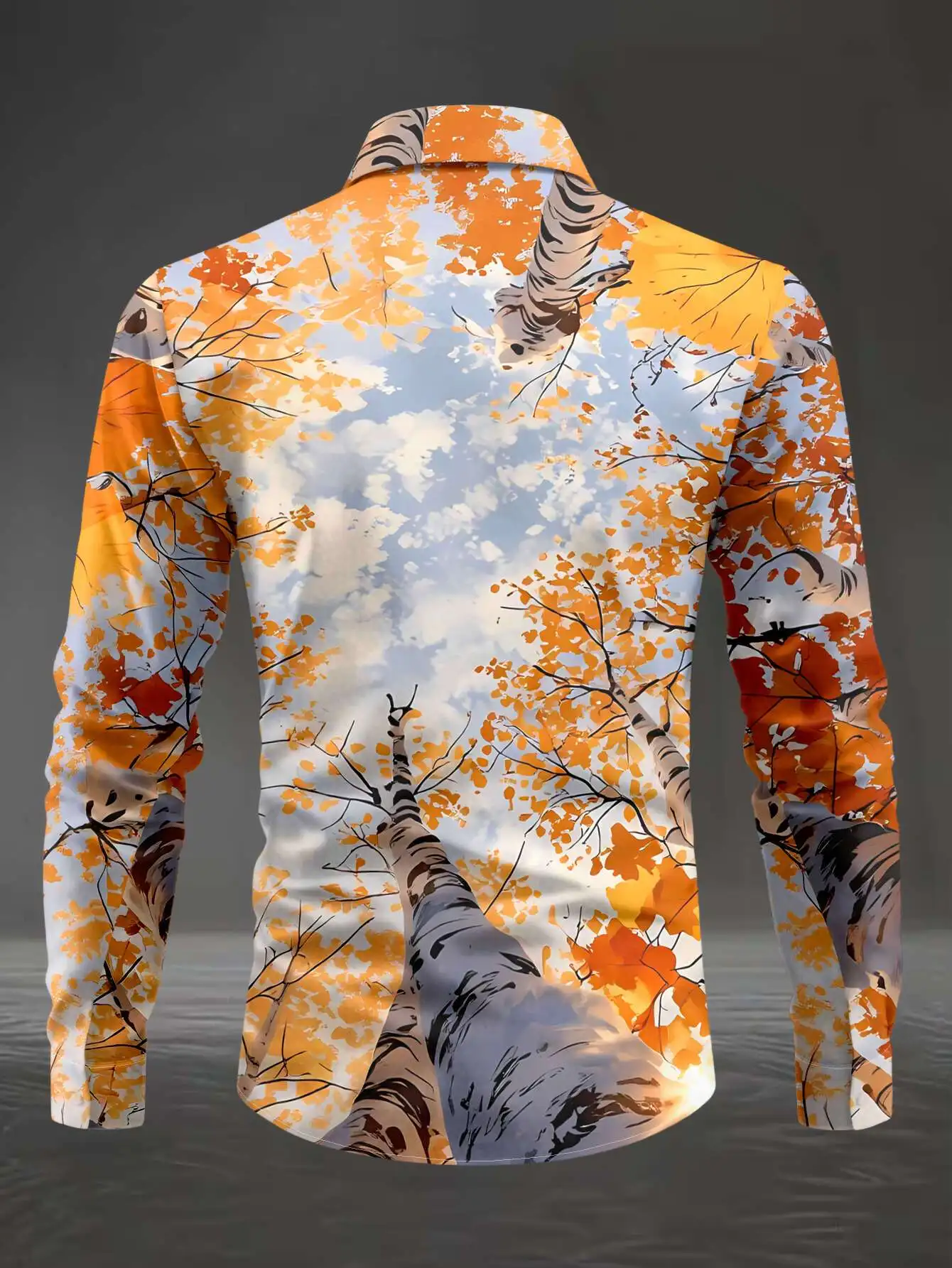 Men Long Sleeve Button Down Shirt Autumn Birch Forest Landscape Print Polyester Lapel Collar Casual