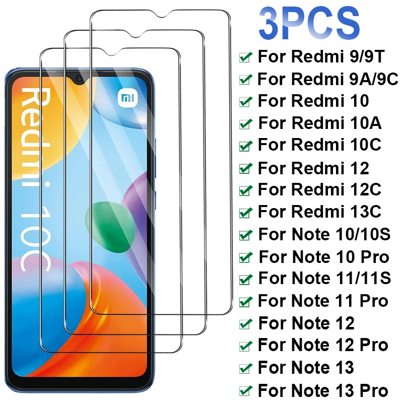 3Pcs Tempered Glass for Xiaomi Redmi 9A 9C 9T 10C 10A 12C 13C Screen Protector for Redmi Note 13 12 11 10 Pro 5G 10S 11S glass