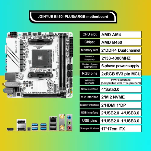 La placa base JGINYUE AMD AM4 ITX admite Ryzen R3 R5 R7 1/2/3/4/5 series CPU DDR4 RAM PC de escritorio PCI-E 3,0 B450I-PLUS ARGB MB