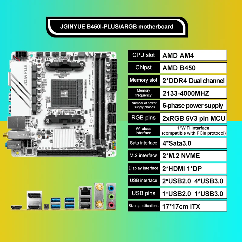 JGINYUE AM4 ITX 마더보드 – Ryzen R3, R5, R7 1, 2, 3, 4/5 시리즈 CPU 지원, DDR4 RAM 호환, PCI-E 3.0 B450I-PLUS ARGB