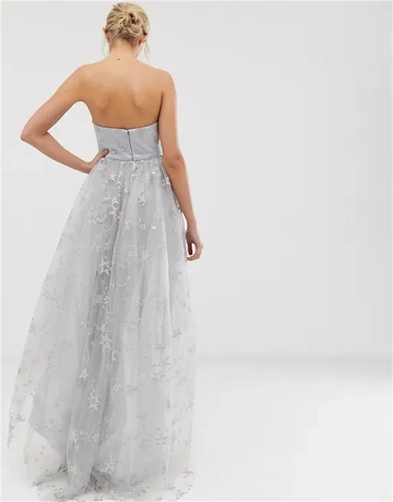 Sexy Silver Strapless High Low Prom Maxi Dresses with Star Embroidery Backless Zipper Back Elegant A-Line