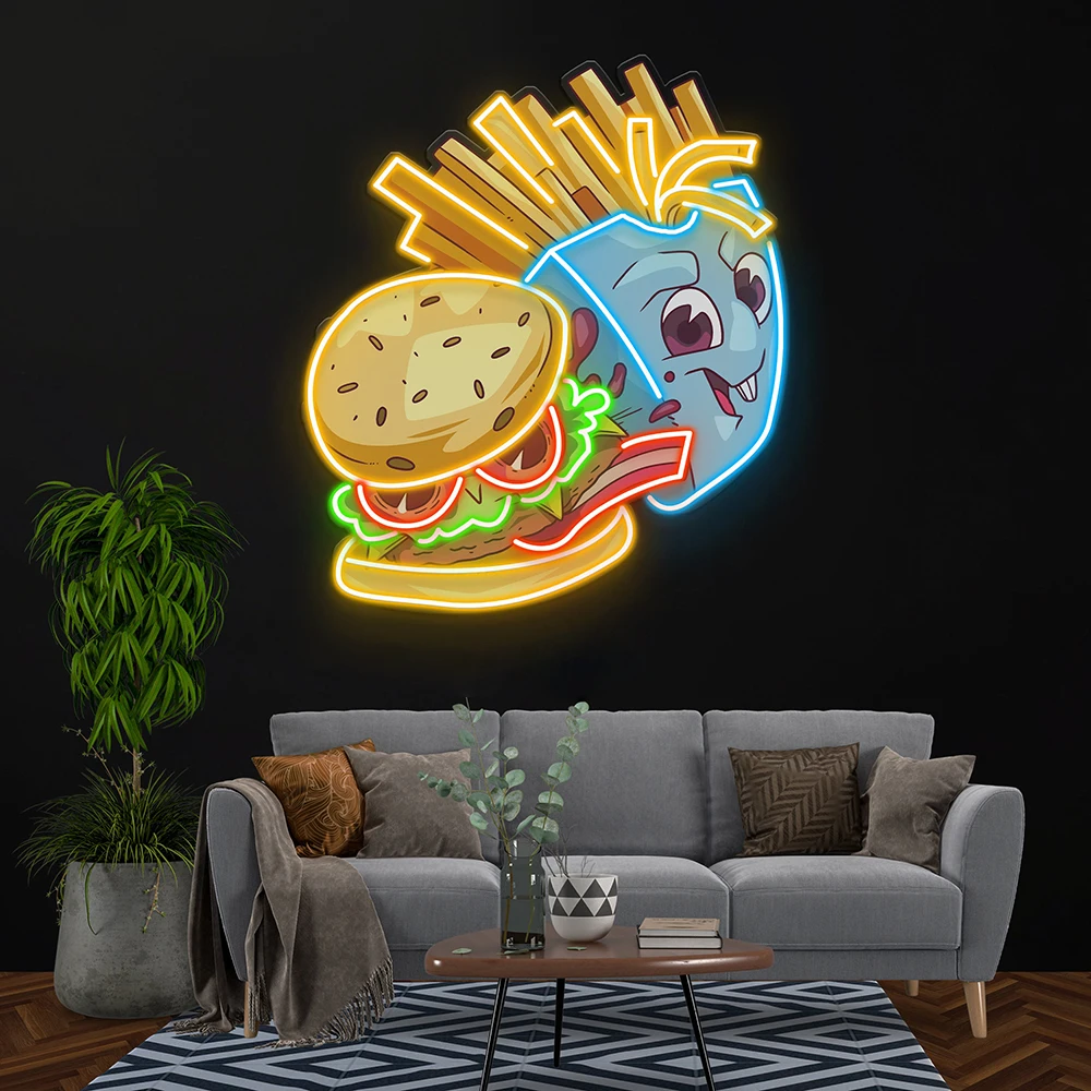 French Fries Graphic Led Neon Sign Custom Neon Light Hamburger Fast Food Neon Beer Pub Club Signs Business Retro Handmade Lamp