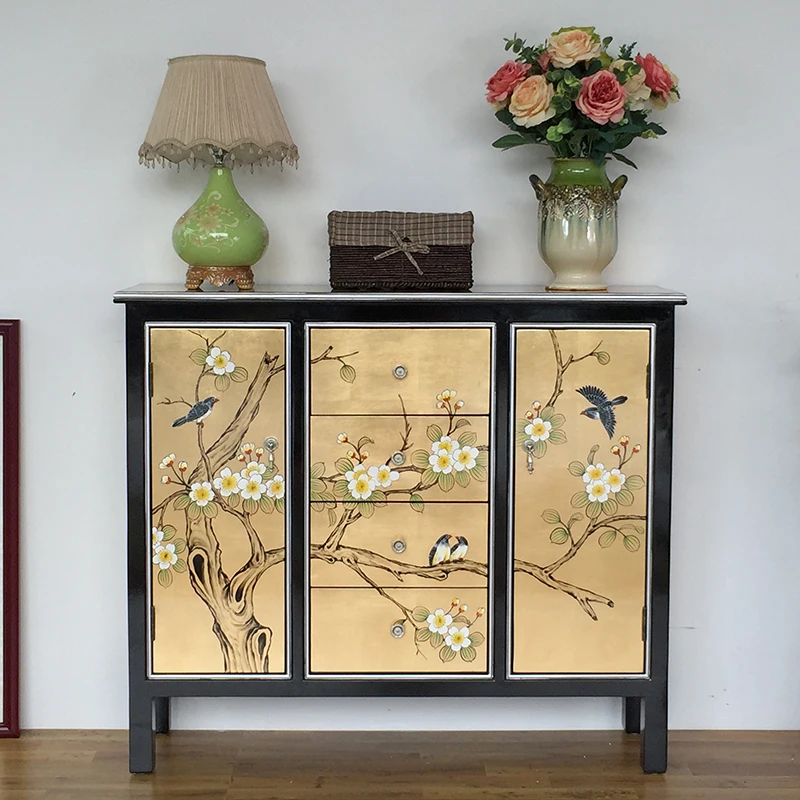 New Chinese-style foyer, entrance cabinet, retro gold and silver foil, living room, classical decorative furniture, American-sty