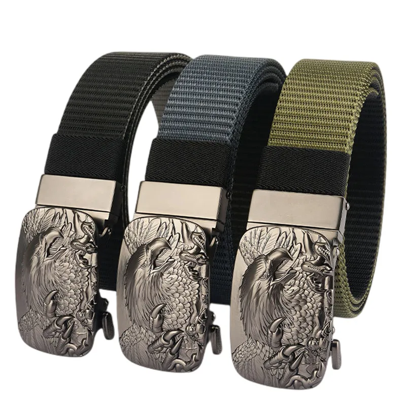 SupSindy Man Double-sided Nylon Belt Eagle Rotate Metal Automatic Buckle Canvas Belts for Men Jeans Waistband Bicolor Male Strap