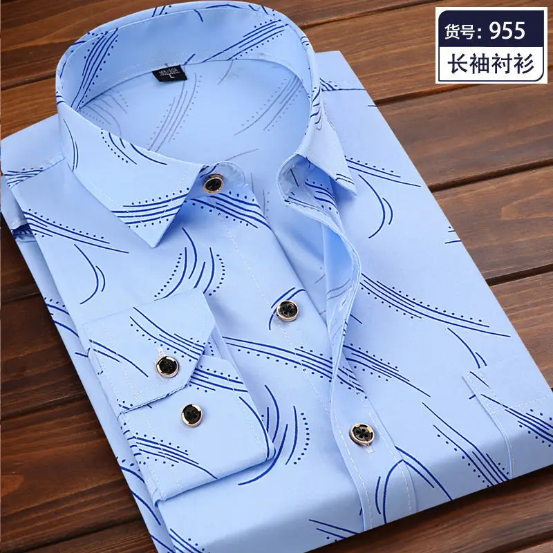 2024 Summer Men Long Sleeve Business Shirt Solid Color Printed Front Patch Chest Pocket Regular-fit Work Shirt Casual Shirt