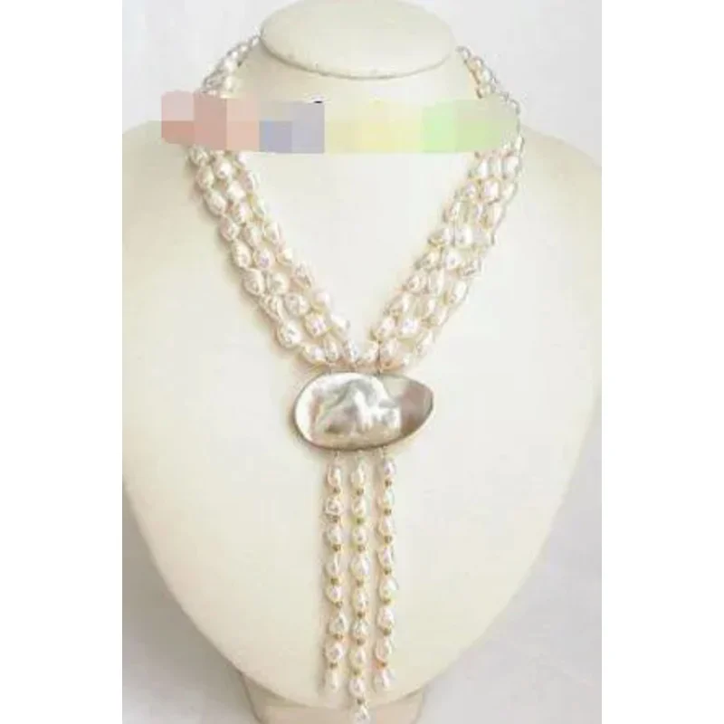 Shiny 3row Baroque White Reborn Keshi Pearl Necklace J6743