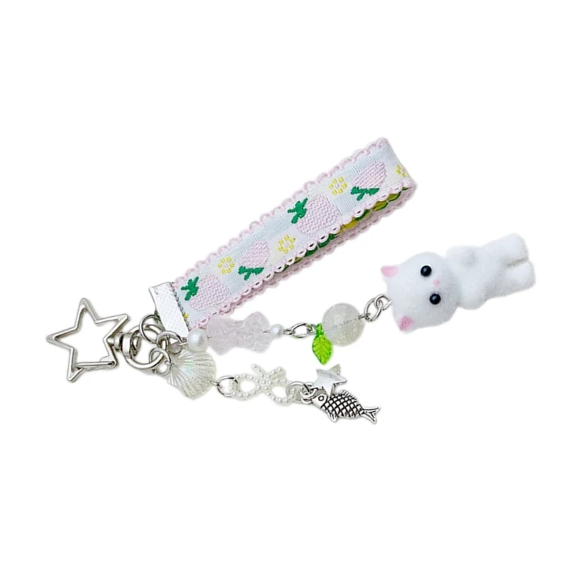 Flocking Fish Bead Keychain Ornament Backpack Handbag Charm for Girls Women 28TF