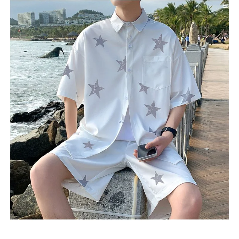 قصيرة الأكمام الصيف تنفس وسيم عارضة دعوى قميص الرجال السراويل فضفاضة قطعتين مجموعة العصرية