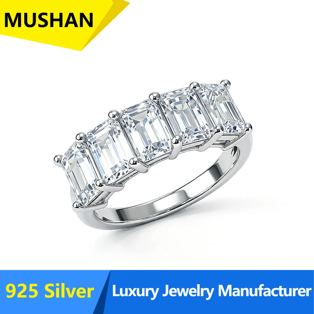 MUSHAN Luxury 4.0CT Full Mozambican Diamond Ring 925 Silver Small Rectangle Diamond Ring Cross-border Hot Sale Wholesale