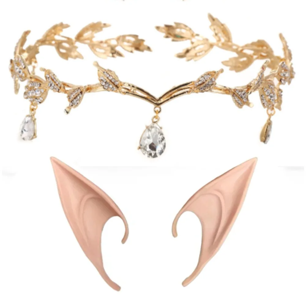 

2pcs Elf Ears with Crown Set Fairy Crown Rhinestone Leaf and Soft Elf Ears Cuffs for Women Halloween Cosplay Costume Party