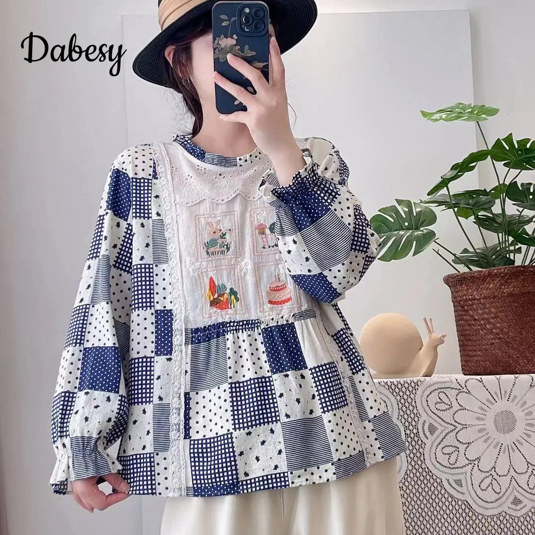 Vintage Plaid Mori Cotton Shirt Women Autumn Japanese Floral Embroidery Patchwork Long Sleeve Blouse Female Casual Kawaii Tops