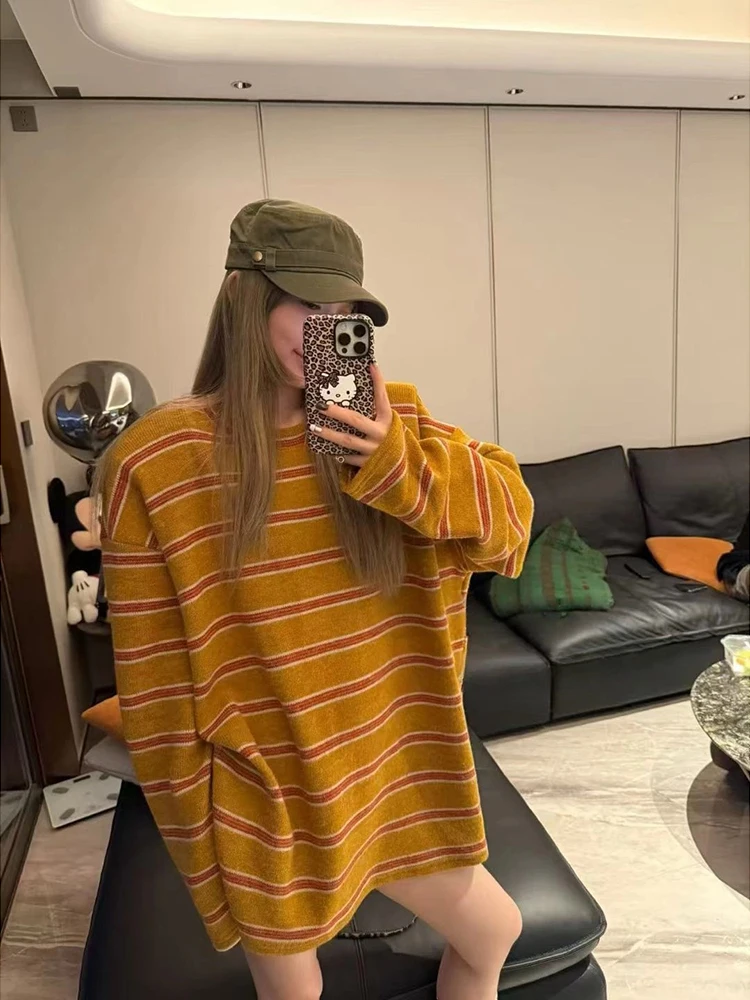 

Loose Long Sve Striped T-irt Women's Casual Mid-Length Casual Sle Winter New Arrival Faionable Versatile Top