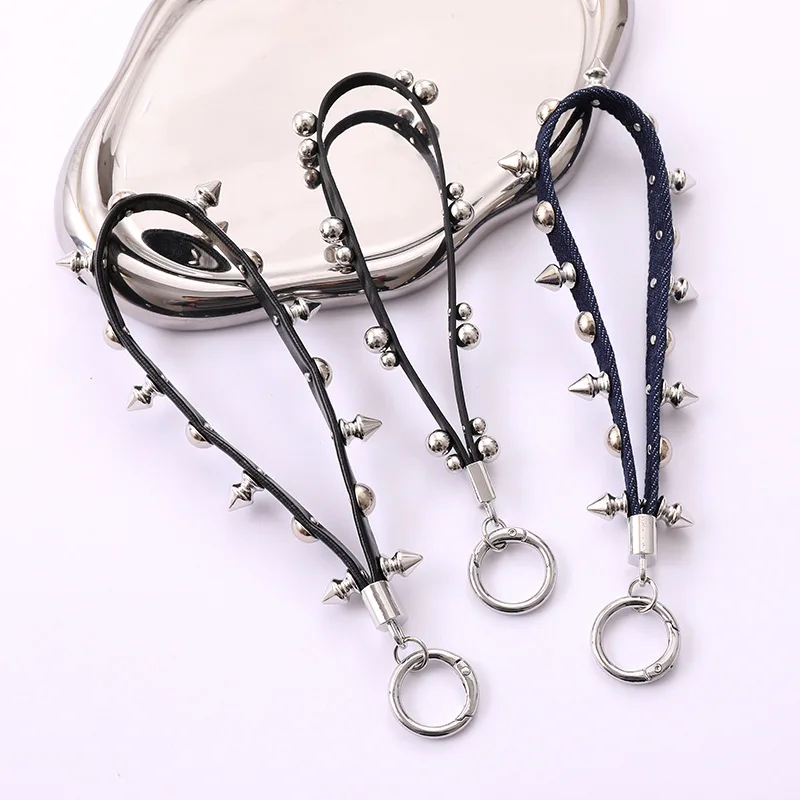 New Hot Selling Studded Leather Strap Pendant Punk Style Phone Lanyard Case Keychain Bag Charm Party Gift Jewelry