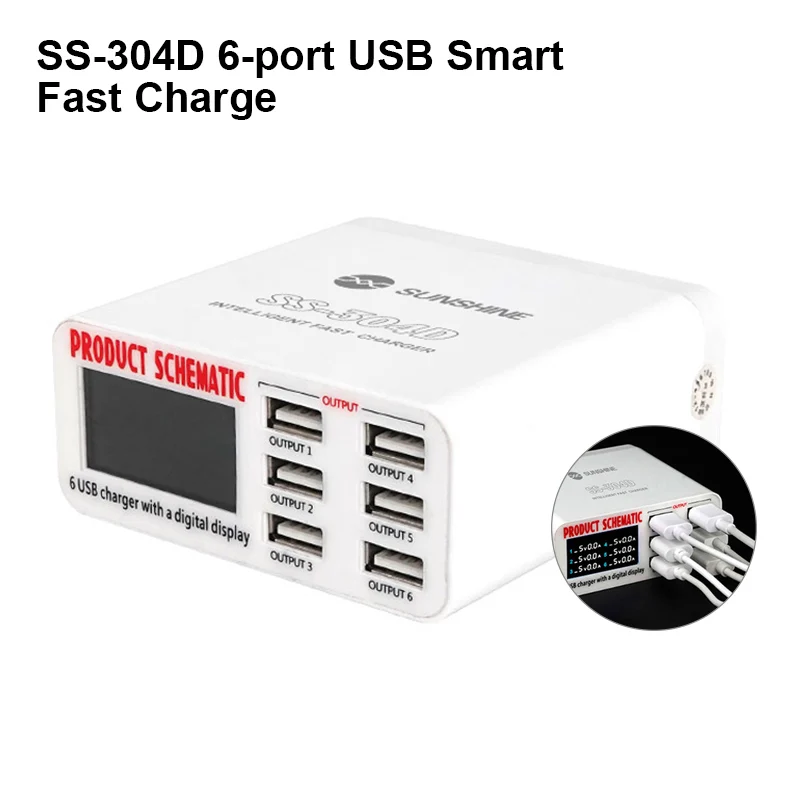 SUNSHINE SS-304D 6-Port USB Quick Charger with Digital Display for Mobile Phone Tablet 5V 6A Multi-protection Charging Station