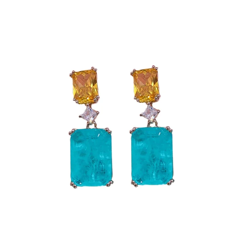 Silver 925 Simple fashion Paraiba gemstone Ear Studs Vintage Style Green Blue Gem Square Earrings for Women Party Jewelry view 6