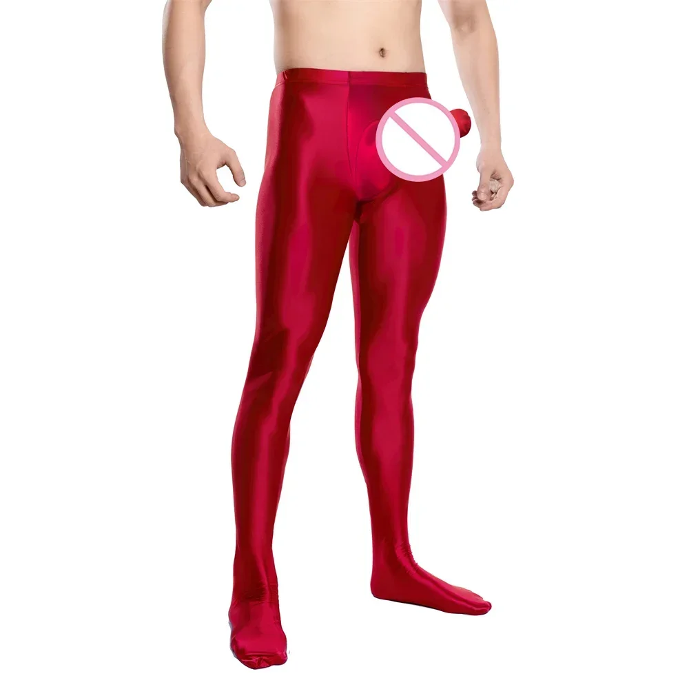 Men's Long Johns Sexy Sheer Glossy Pantyhose Solid Color Oil Smooth Tights Leggings Elastic Home Pants Long Bulge Pouch Trousers