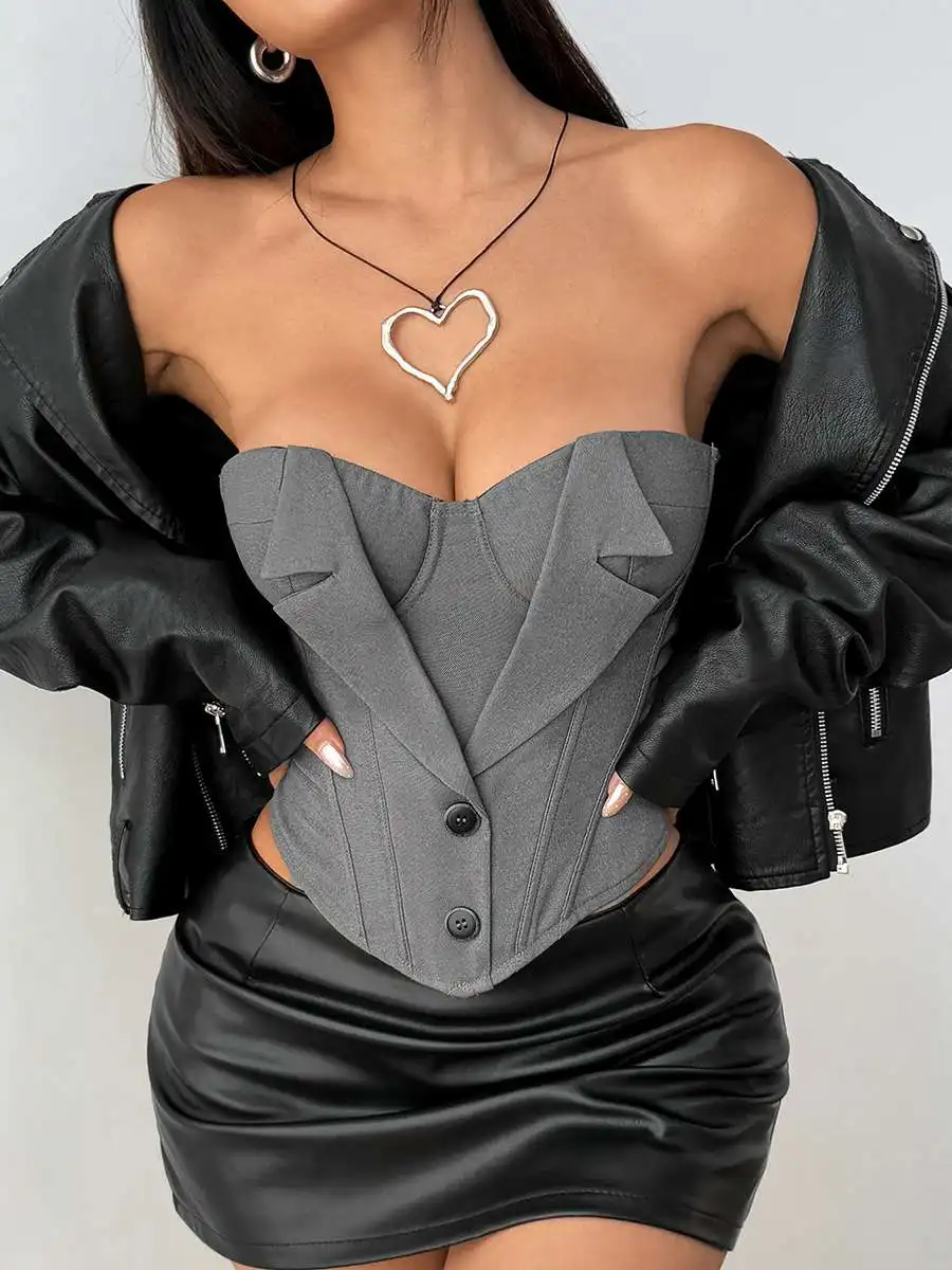 Hot Cross-Border Sale Spicy Girl Wrap Chest Button Decorative Belted Waist Small Vest Women's Fashion Polyester Fiber
