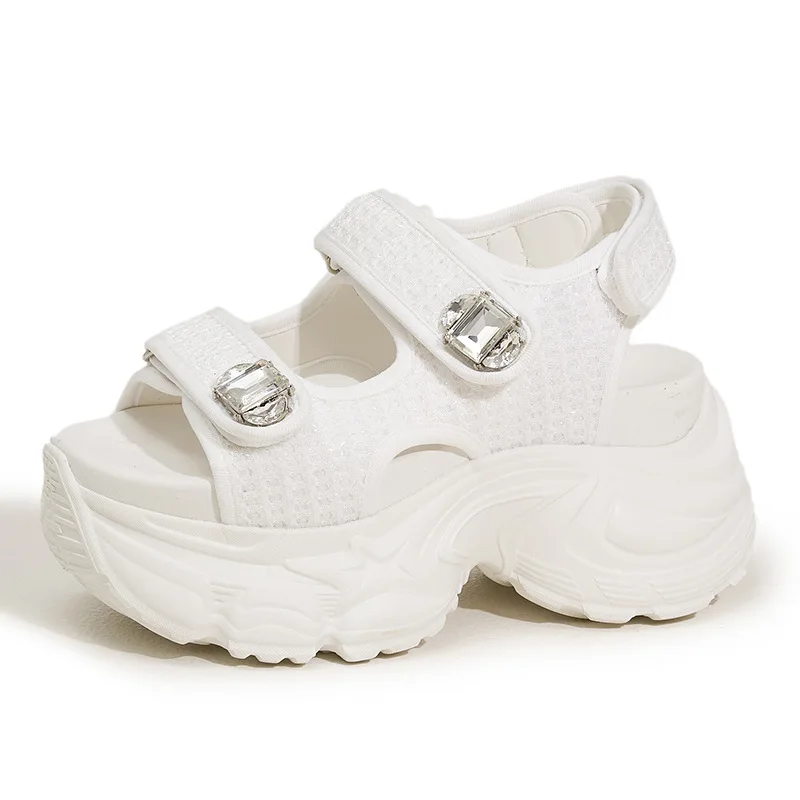 

Женские босоножки на толстом каблуке 9 см, летние дышащие тапочки без шнуровки, кожаные пляжные сандалии с волшебной лентой, повседневная обувь с блестящими бриллиантами