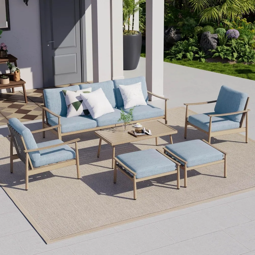 

Patio Outdoor Furniture Set - 6 Pieces Aluminum Outdoor Conversation Set with 1 Three-Seater Sofa, 1 Coffee Table, 2 Armchairs,
