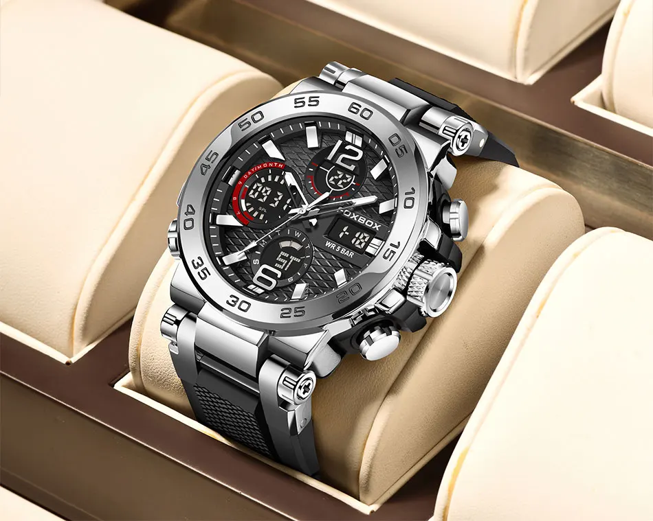 LIGE Neue Uhren für Herren, 50 m wasserdicht, Wecker, Reloj Hombre, LCD-Dual-Display-Armbanduhr, Quarz, Militär, Sport, Herrenuhr – Detail 15