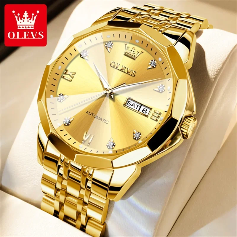 

OLEVS 9982 Classic Top Mechanical Watch Men Rhombus Mirror Dual Calendar Luxury Wristwatch Waterproof Luminous Watches