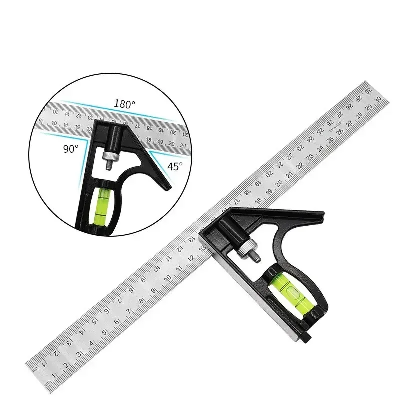 Regla cuadrada combinada de ángulo de acero inoxidable de 300mm, móvil, Horizontal, nivel de carpintero derecho de 45 grados, carpintería móvil