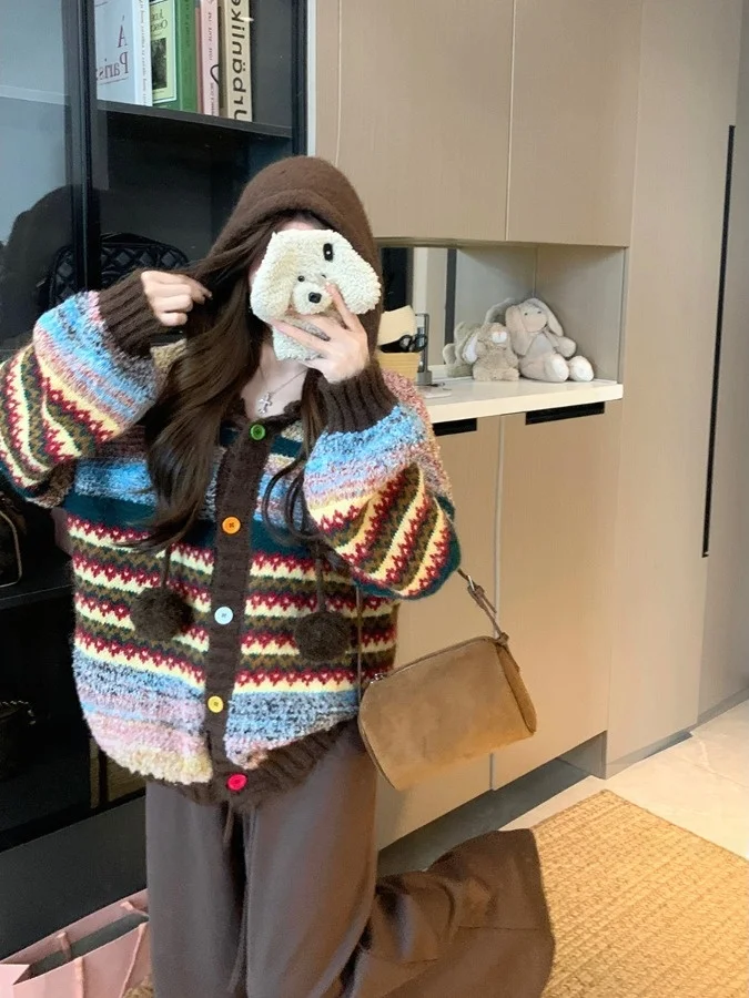 

plus Size Lazy Style Hoodie Cardigan Knitted Sweater Contrast Color Winter New Arrival Loose Fit Slimming Effect Korean Version