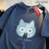 The Moon Blue Cat Fun Japanese Style Men Women T-Shirts Cotton Oversized Short Sleeve Shirt Loose T-Shirt Breathable Casual Tops