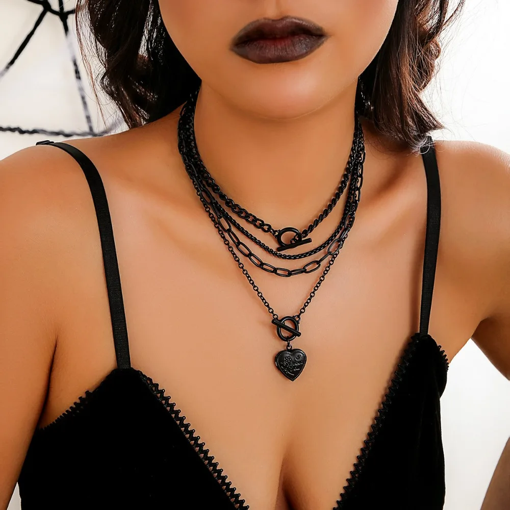 Fashion Gothic Cold Wind Black Suit Collar Multilayer Cuban Link 4 Layer Necklaces Punk Pendant Necklace Set Women