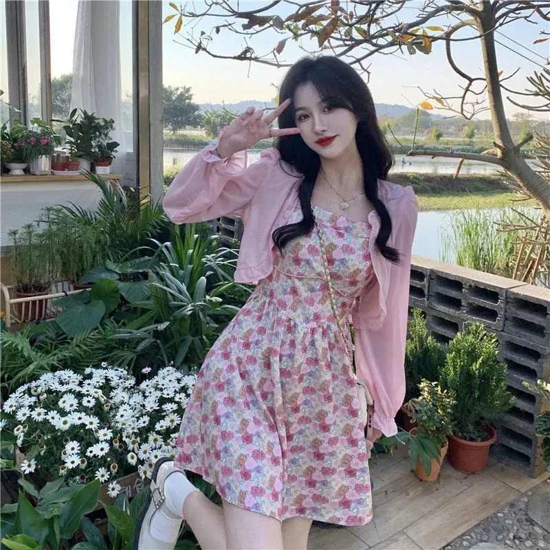 Summer Floral Print Halter Dress Women's Slimming A-Line Base Layer Dress City Walk Three-Quarter Sleeve Other Material 100%
