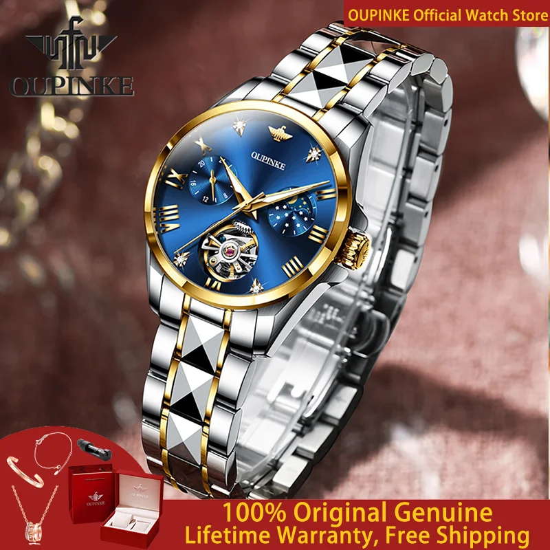 OUPINKE Women Watch Luxury Hollow Automatic Mechanical Watch Roman Scale Waterproof Moonphase Brand Business Women Watch 3202