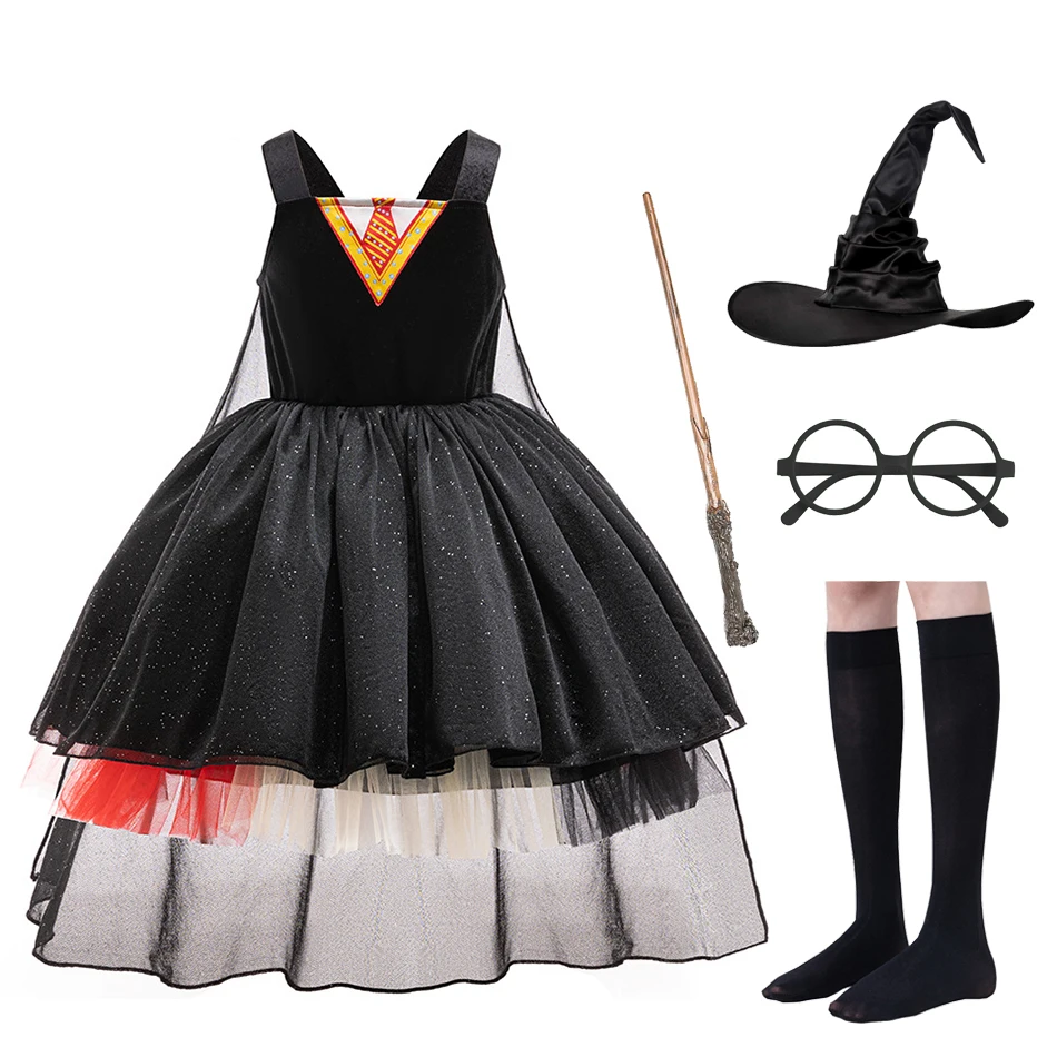 Fantasy Magic School Costume Gryffindor Style Girls Mesh Fluffy Dress With Cloak Halloween Cosplay Dress with Hat Magic Stick