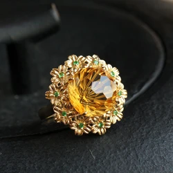 Sterling Silver S925 Champagne Crystal Inlaid Broken Green Gold-plated Light Luxury Palace Style Flower Ladies Ring