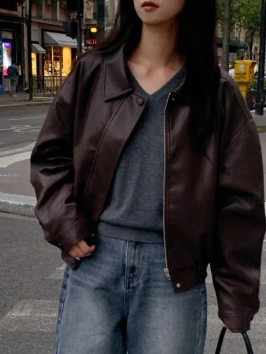 레트로 칼라 지퍼 가죽 재킷 여성 캐주얼 다용도 시크 고급스러운 느낌 재킷 탑 또는 롱 재킷 기타...