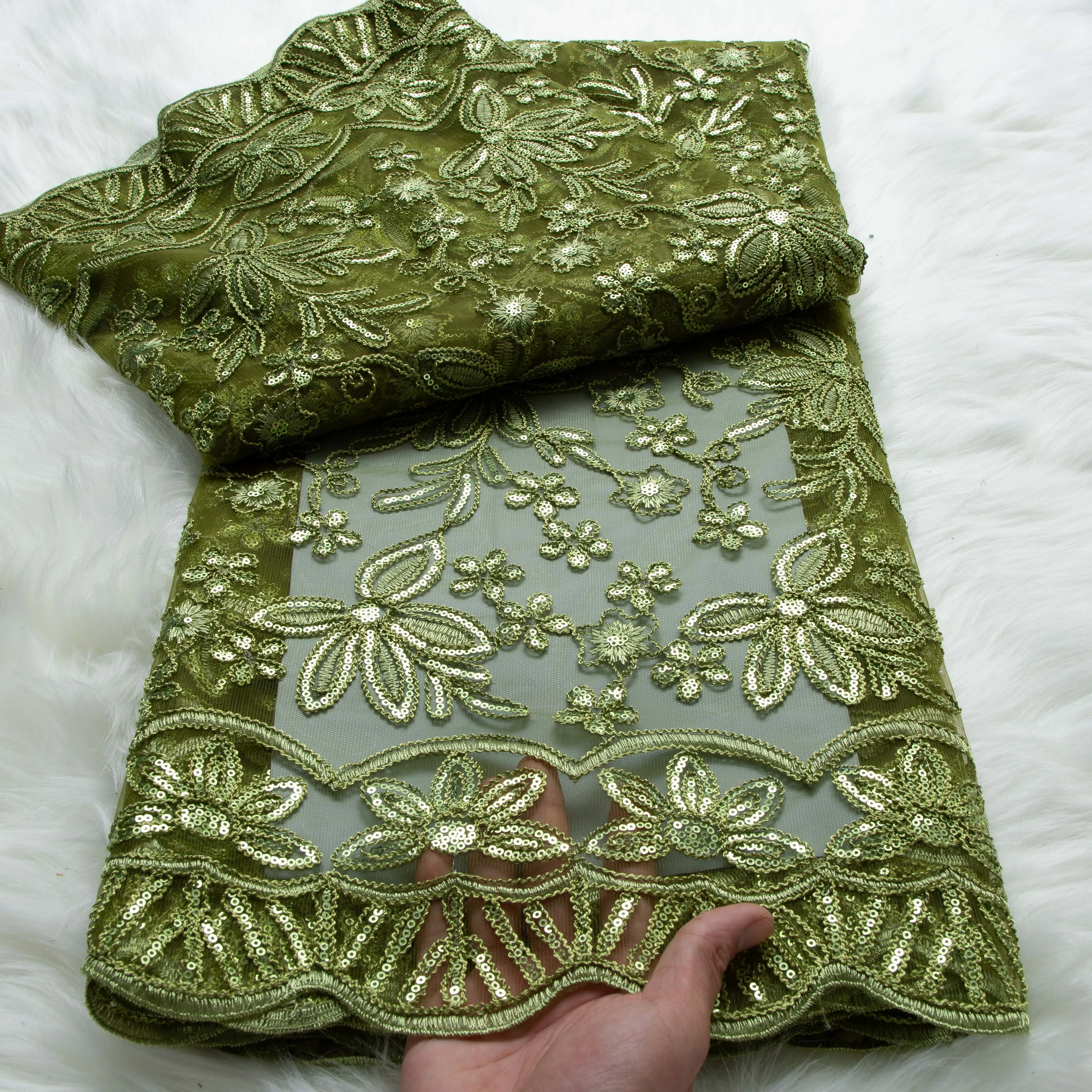 

Зеленая французская сетчатая тюлевая кружевная ткань 2026, высокое качество, 5 ярдов, вышивка, африканская кружевная ткань с блестками, свадебное платье для шитья