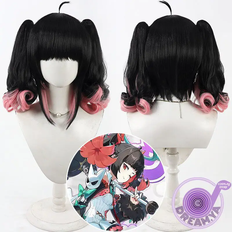 Nangong Yu Cosplay Perücke Zenless Zone Zero Schwarz-Rosa Pferdeschwanz Synthetisches Haar Hitzebeständig Halloween Rollenspiel Party + Perückenkappe