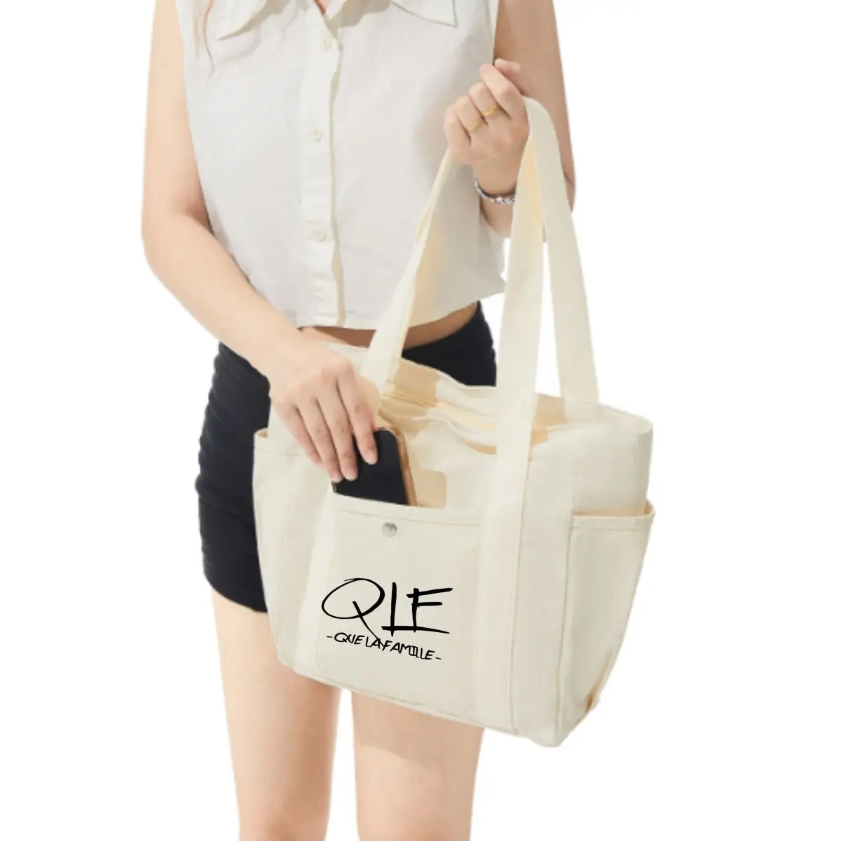 Que La Famille Edgy Slang Text Design Canvas Multi-Pocket Shoulder Bag Versatile Shopping Bag