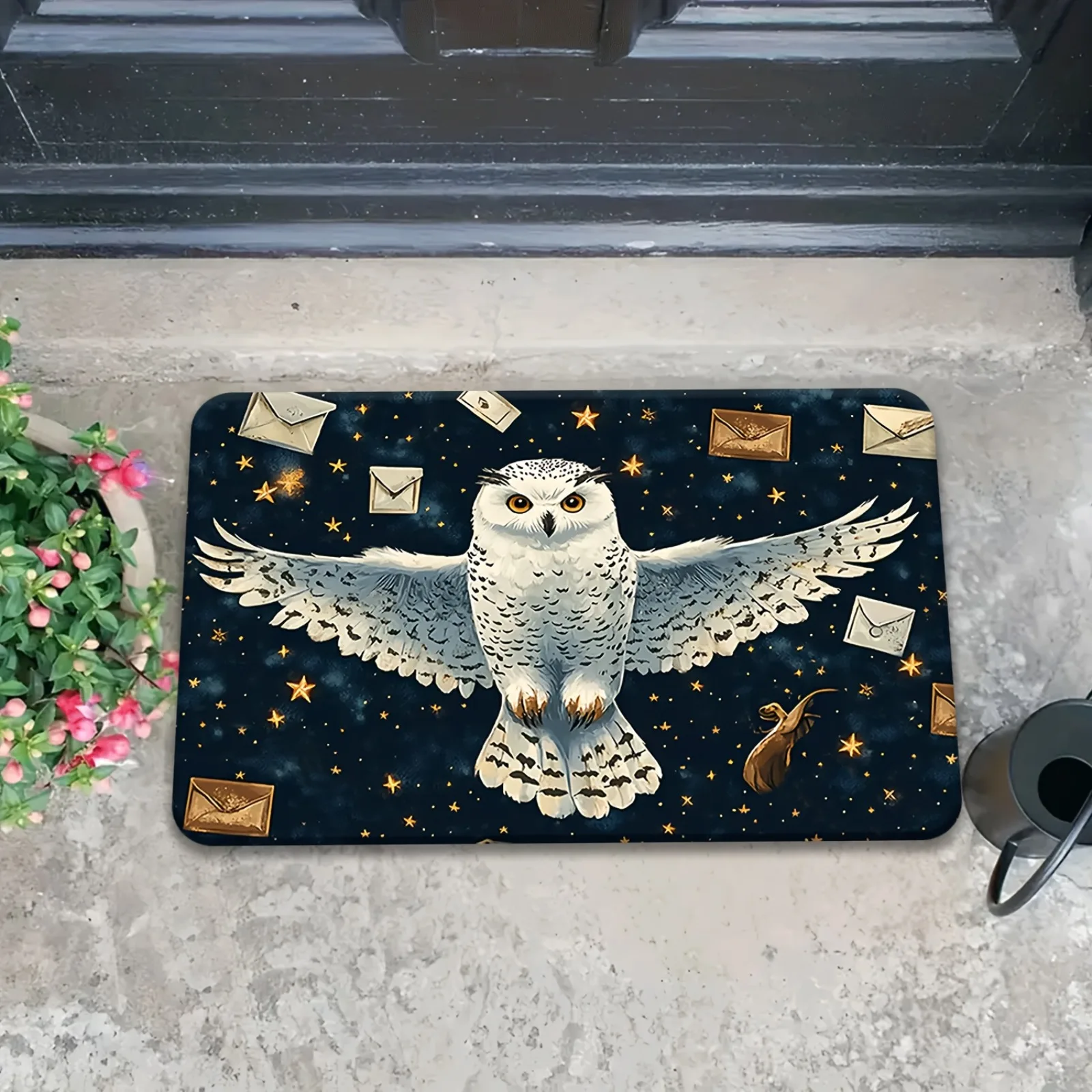 1pc Ultra-Soft Flannel Mat with Whimsical Owl and Starry Sky Design, Machine Washable - Suitable for Kitchen, Dining Room, Hallway, Bathroom, Bedroom, Study, Computer Room, and Indoor/Outdoor Doormat. Perfect for Home Decor in Bedrooms,