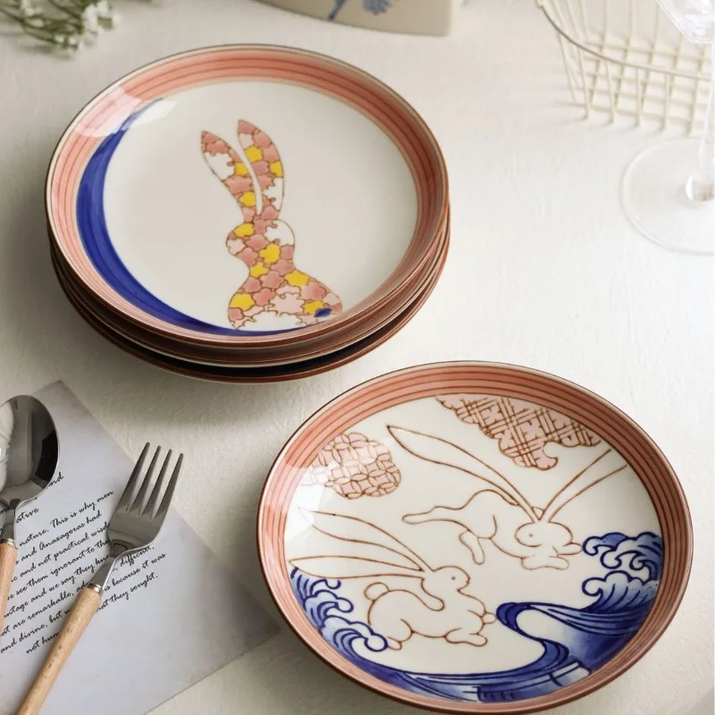 Cute Rabbit Pattern Ceramic Plate Japanese style Ceramic Plate Salad Dessert Plate Home Kitchen Utensils Easter Table Decoration
