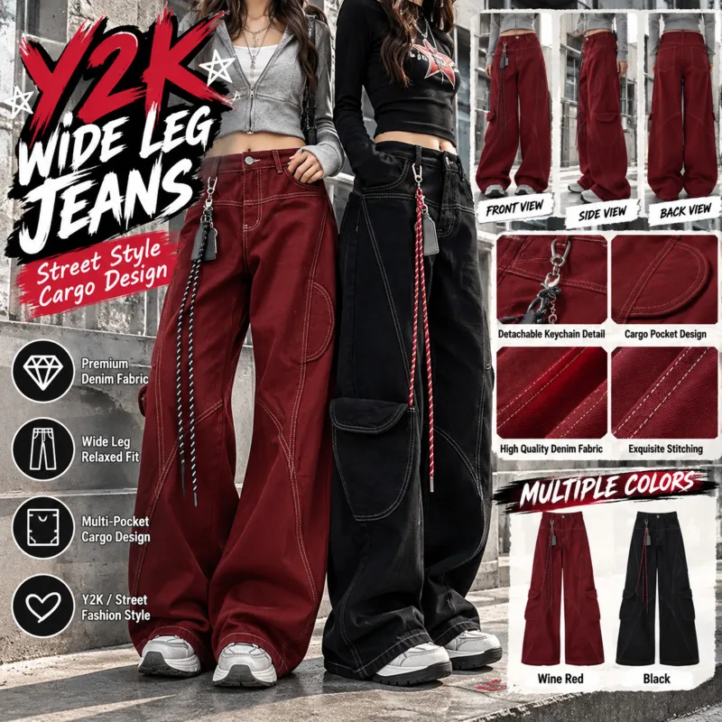 Women Wide Leg Jeans Red, Cargo Pants High Waist Baggy, Trousers Y2K Streetwear Loose Denim, Bottoms Autumn Spring Fashion 2025