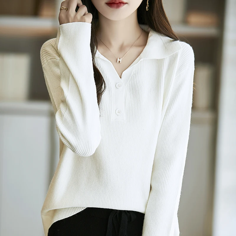 

New Autumn And Winter Knitted Pullover Lapel Sweater, A Fashionable And Comfortable Solid-Color Long-Sleeved Women's Top-SMY290