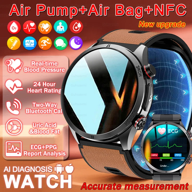 

NFC Smart Watches Air Pump Blood Pressure Blood Oxygen ECG Sport Bluetooth Call Health Monitoring Smartwatch For men Health